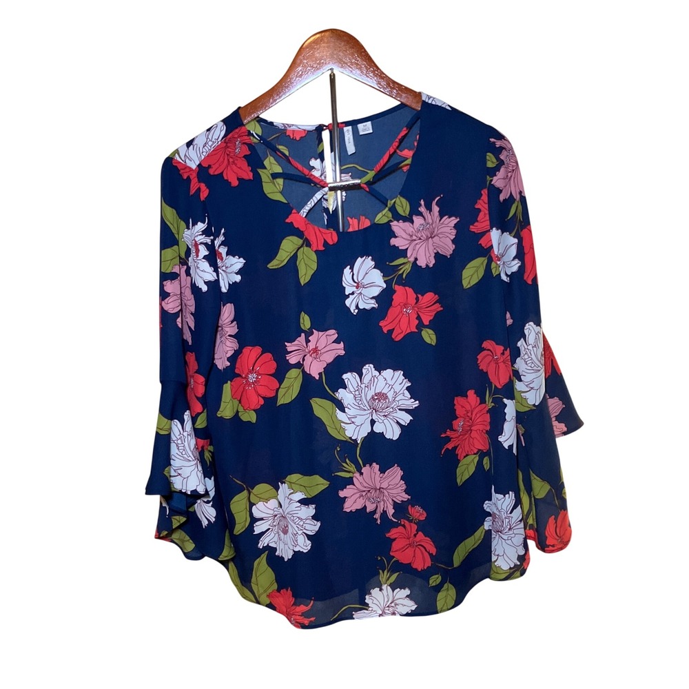 EST. 1946 Floral Woman's M Bell Sleeve Blouse Navy Blue Strappy Neckline